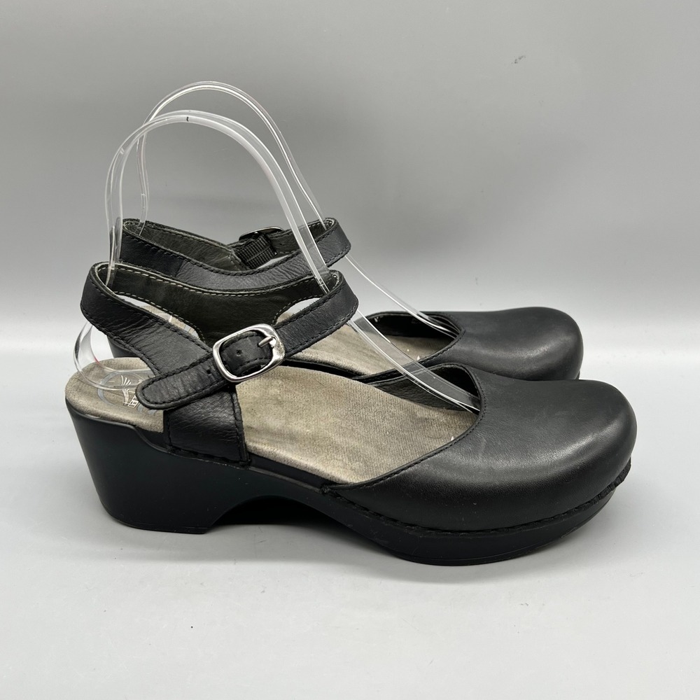 Dansko Clogs Womens 38 Black Leather Buckle Ankle Strap Mary Jane Sam